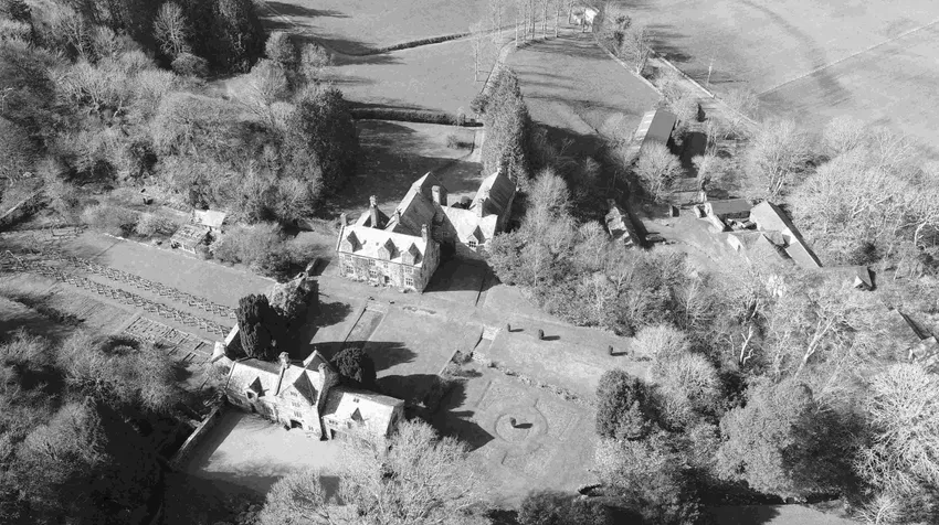 aerial view of historic estate in snowdonia wales showing buildings within wider landscape